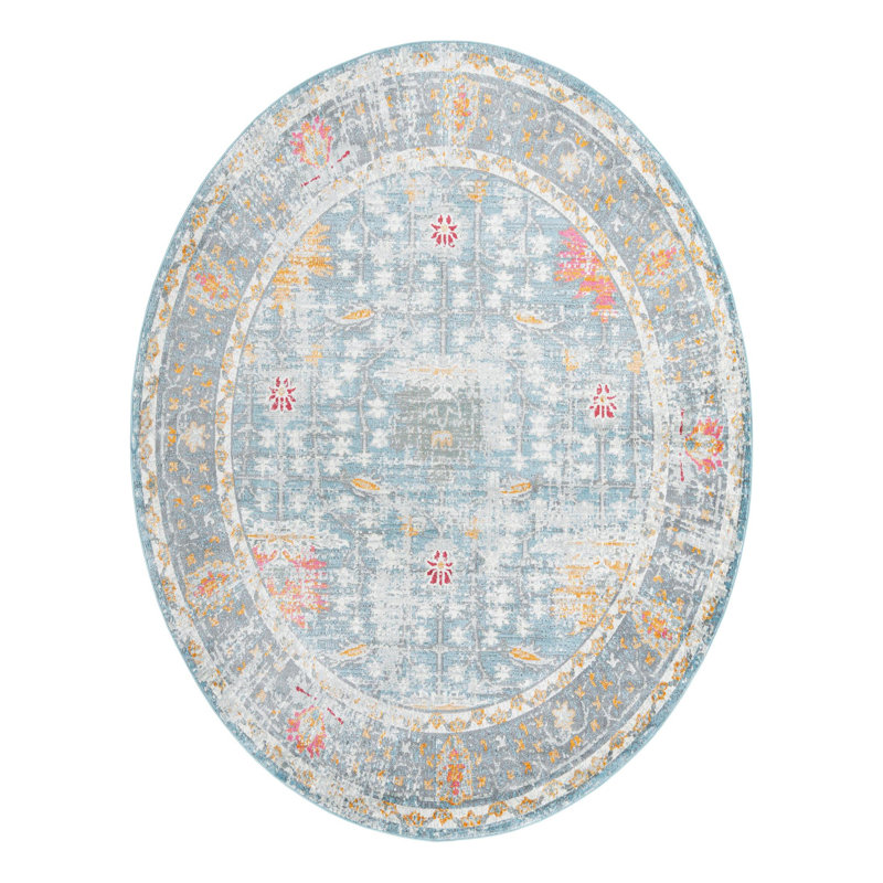 Tapis bleu à motif floral Haefner, Ovale 8 pi 2 po x 10 pi