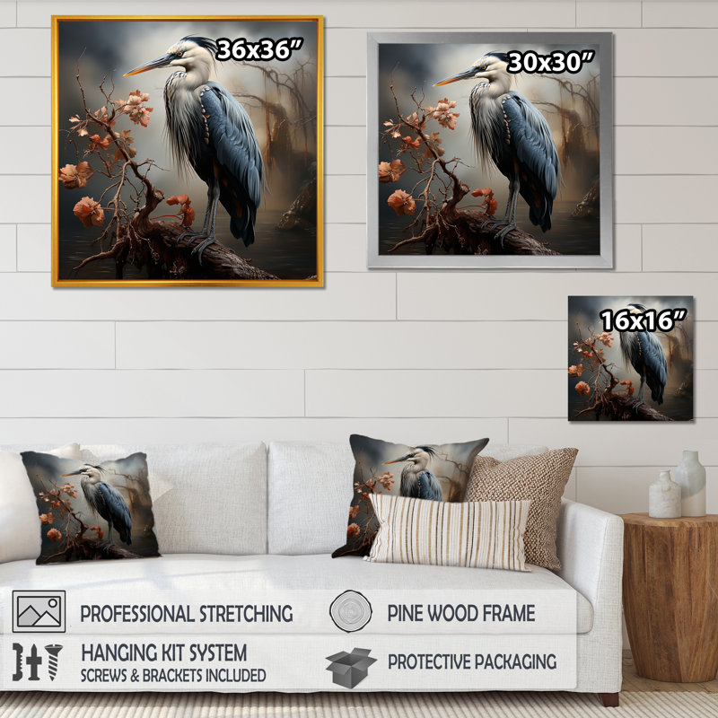 Décoration murale héron gris et bleu à l'étang II - Héron, Cadre simple argenté, H 16 po x l 16 po x P 1 po