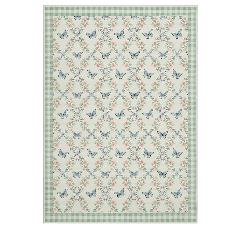 Machine Washable Modern Butterfly Floral Rug Non Slip Non Shedding Low Pile Rug Ultra-Soft Throw Floor Cover Foldable Indoor Carpet for Living Room Bedroom Guest Room Playroom Nursery