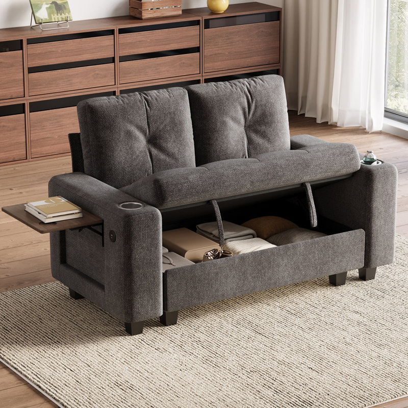 Canapé modulaire avec rangement d'appoint Benett, Accoudoirs de table d'appoint, Gris