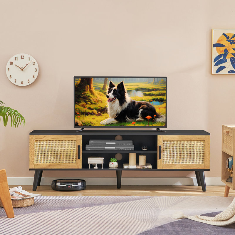 Meuble télé moderne pour téléviseur 55 pouces, pour le salon, la chambre à coucher, Noir/naturel
