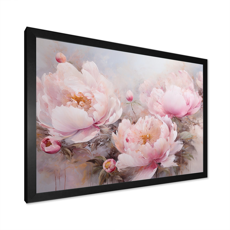 Pivoines roses, art liquide, champ de fleurs VI - Art mural champ de fleurs, Cadre simple noir, H 16 po x l 32 po x P 1 po