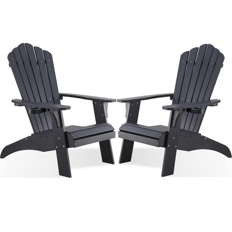 Adirondack Chair, Outdoor Oversized 350Lbs Patio Chair with Cup Holder, All-Season Weatherproof and Fade-Resistant Outdoors Seating,Black