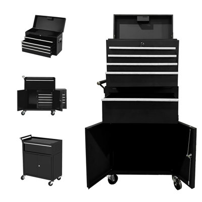 Armoire à outils robuste à 5 tiroirs à roulettes - Organisateur amovible 2-en-1 avec rangement verrouillable, tiroirs coulissants, fabrication en métal - parfaite pour le garage, l'atelier, l'entrepôt - noir