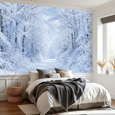 Papier peint adhésif autocollant amovible forêt de pin très recouverte de neige, papier contact amovible pour salle de séjour H 69 po x l 96 po