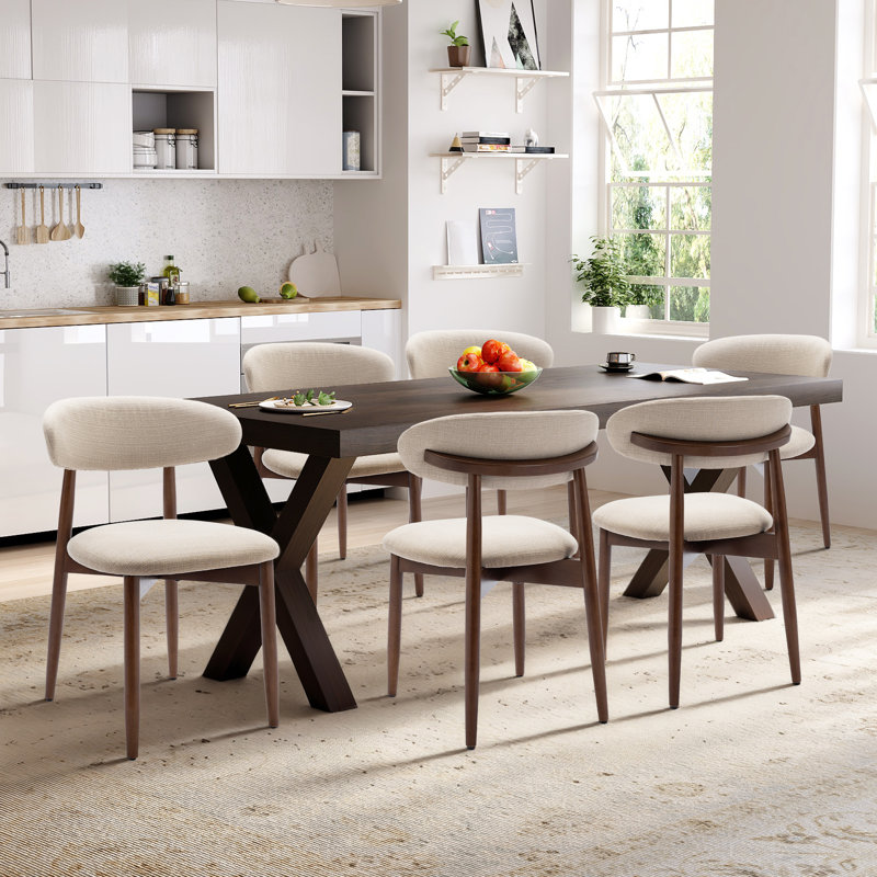 Upholstered Solid Wood Dining Chair, Curved Ergonomic Backrest, Modern Side Chair for Dining Room, Beige