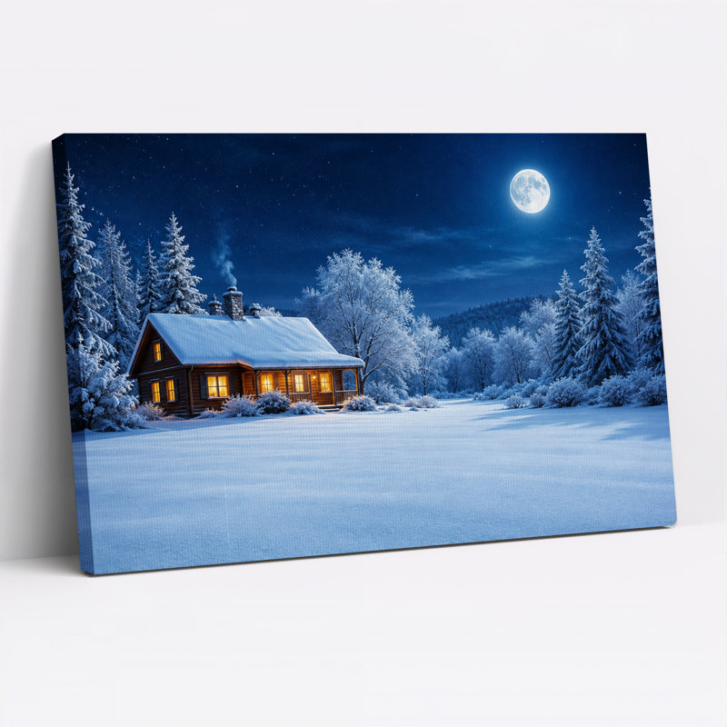Cabane en bois enneigée avec des lumières chaudes aux fenêtres sous une toile murale d'Halloween, H 20 po x l 30 po