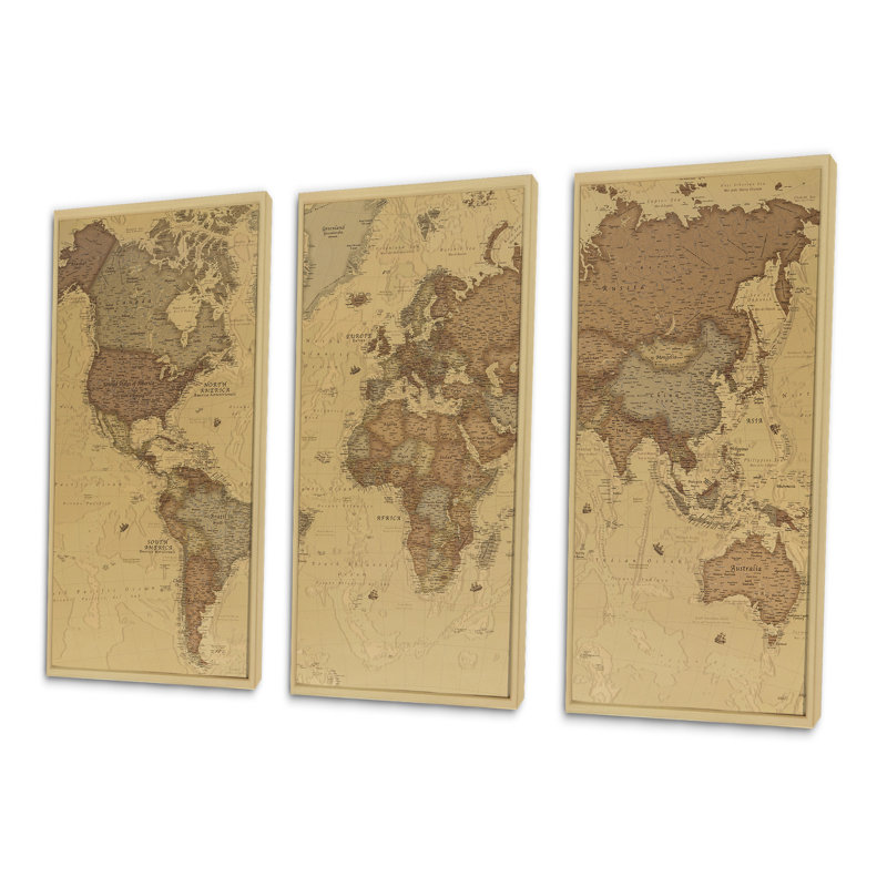 Ancienne carte du monde III - cadre flottant de 3 pièces, impression sur toile, L 36 po x H 28 po, Cadre doré