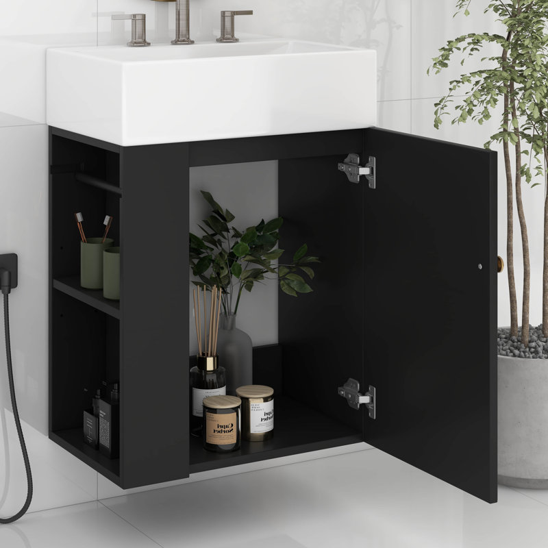 Meuble-lavabo flottant moderne de 20 pouces avec lavabo en céramique, tablettes de rangement latérales avec barre à serviettes, porte à motif de losanges