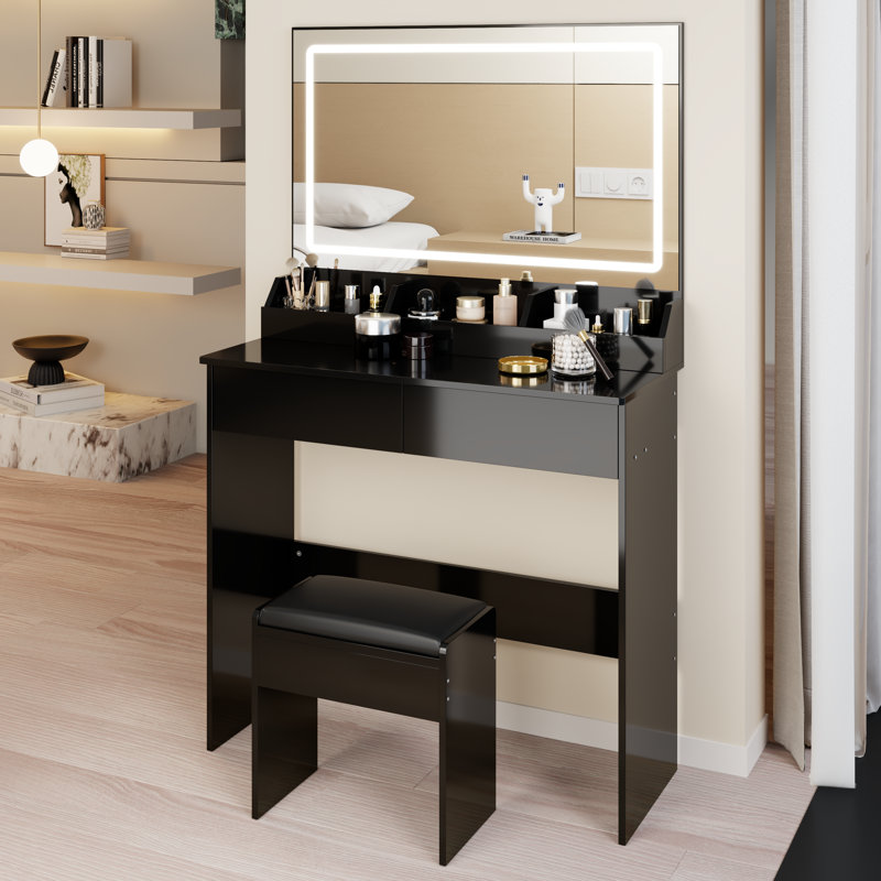 Table de coiffeuse à miroir 31 po avec tabouret rembourré à DEL, éclairage à intensité variable 3 couleurs, bureau de maquillage noir compact