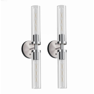 Set of 2 Clear Glass Modern Industrial Vanity Sconces, Chrome