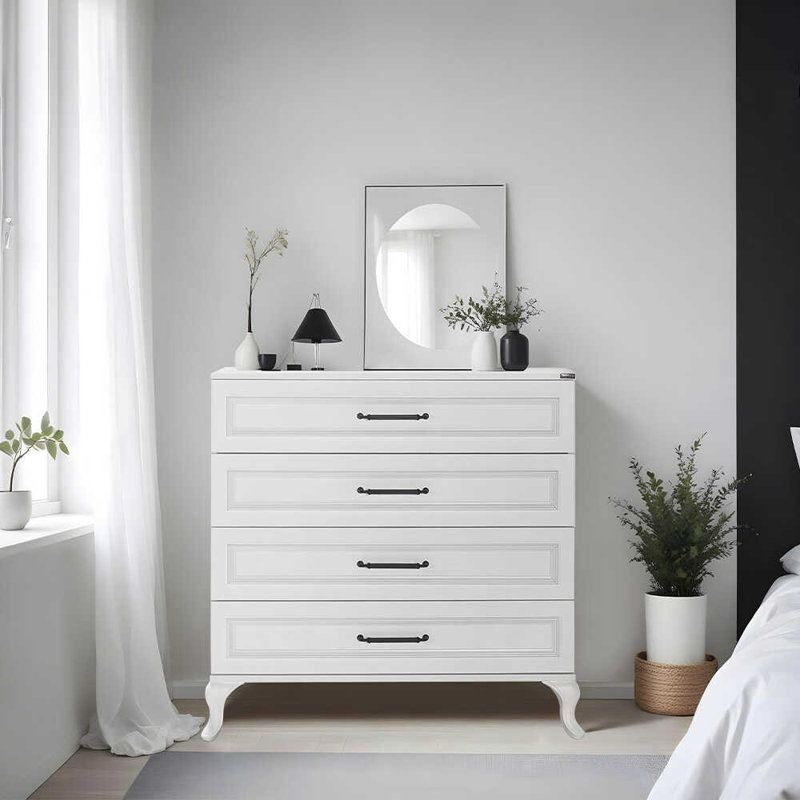 Elegant White Dresser with 4 Drawers, 35.4 x 35.0 x 17.7 inches | Coated Particle Board, Wall-Mountable Design | Stylish Storage Solution for Bedroom or Living Room, Traditional Solid Color