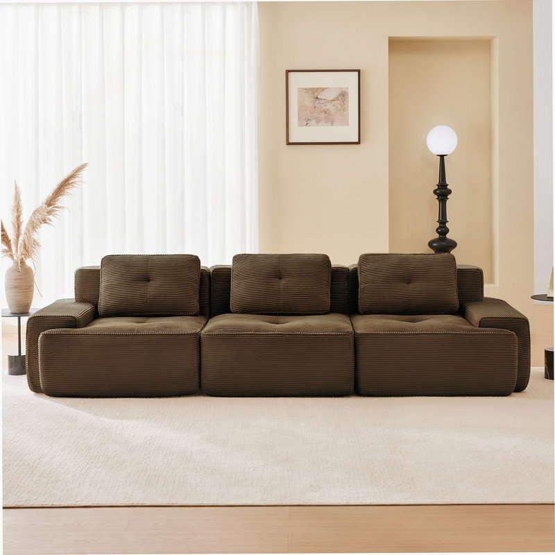 Canapé modulaire moderne de 117 pouces, tissu en velours côtelé surdimensionné à 3 places avec siège profond, passepoil perlé, conception capitonnée, sans assemblage, base antidérapante, brun