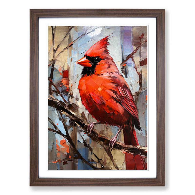 Cardinal Bird Gestural - Single Picture Frame Print on Wood, Walnut Framed, 46cm H x 34cm W x 2cm D
