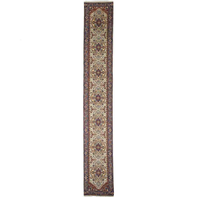 Tapis oriental en laine noué à la main crème, Tapis de couloir 2 pi 6 po x 16 pi 1 po