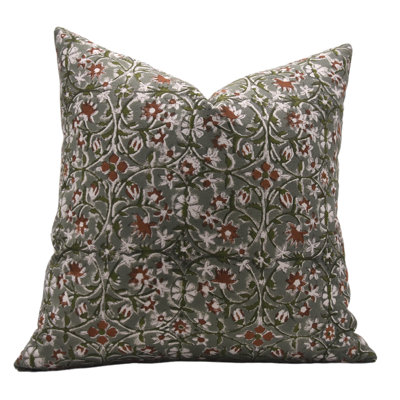 Handmade Block Print Cushion Cover Mhalaxmi 14X14 inch Cotton Duck Canvas Floral Brown Green 