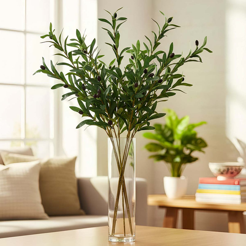 5 pièces réalistes branches d'olivier artificiel avec des fruits. Tiges de verdure de 27,5 po de hauteur pour vase. Décoration de maison de campagne moderne. Plante d'intérieur méditerranéenne. Centre de table de mariage et décoration de Pâques