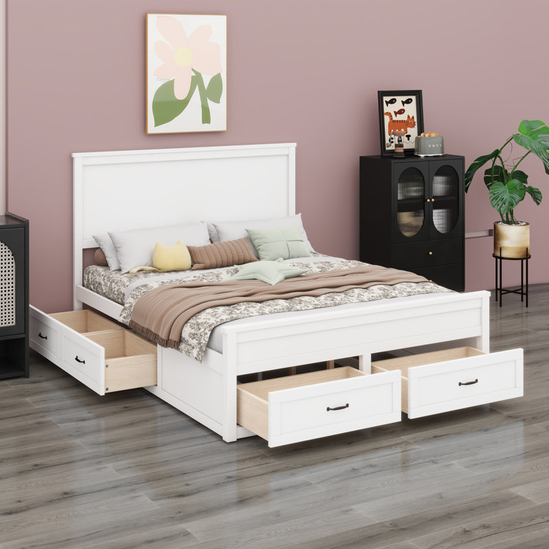 Base de lit en bois avec tiroirs, Blanc