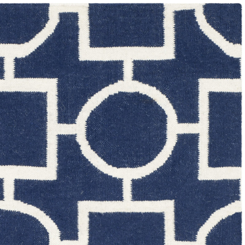 Rodgers Hand Woven Flat Weave Wool/Cotton Geometric Rug in White/Blue, Runner 2'6" x 8'