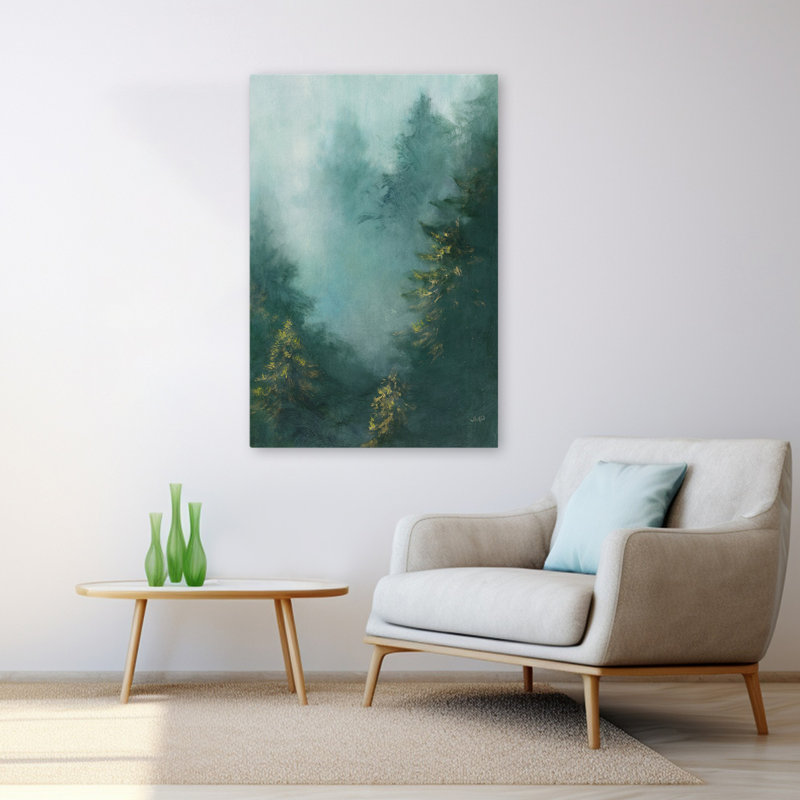 Misty Forest IV, paysage bleu contemporain, blanc et turquoise, H 48 po x l 32 po