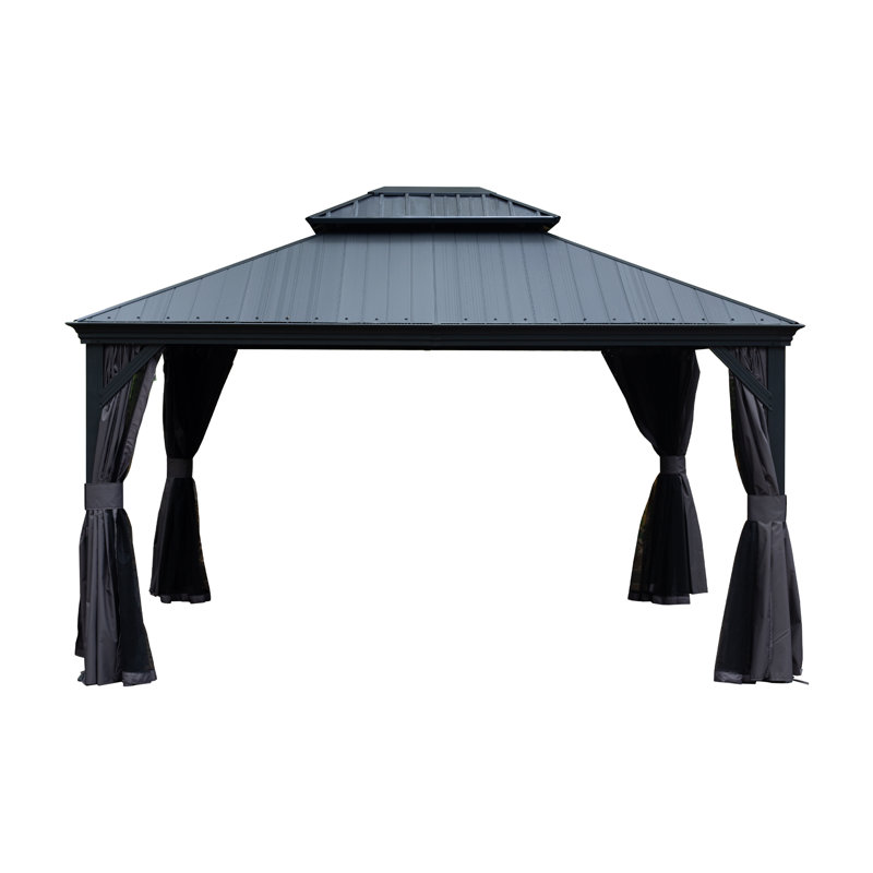 Outdoor Patio Metal Frame Gray Wood Grain Resin Roof Gazebo with Privacy Curtain Mosquito Netting, Gray