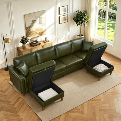 Sectional Sofa with Two Removable Storage Ottomans,Upholstered Breathable PU Leather Sectional Couch