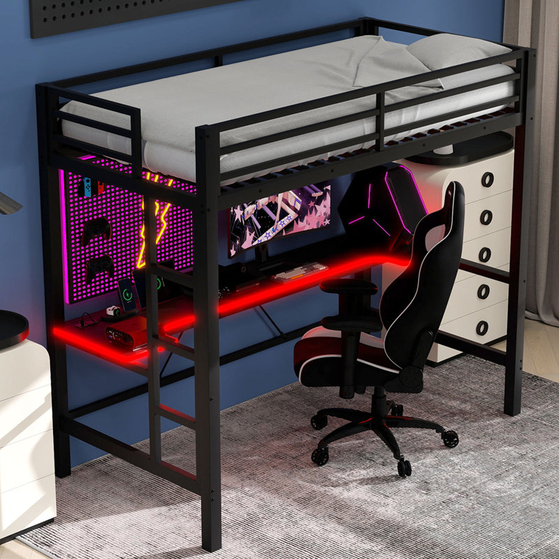Structure de lit simple pour lit mezzanine en métal avec lumière DEL, station de charge USB et bureau, Lit simple, Noir