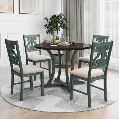 Table de salle à manger 5 pièces et 4 chaises en tissu avec pieds de table et tablette de rangement