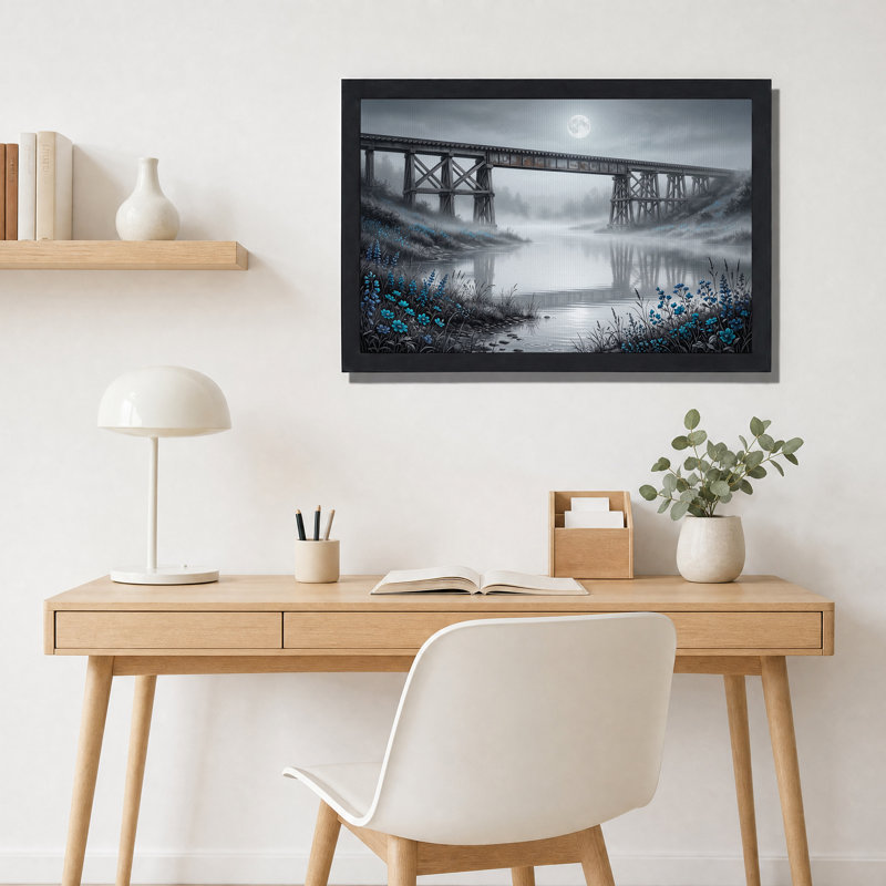 Tableau sur toile représentant un pont de bois au clair de lune orné de fleurs bleues, 20"H x 30"W