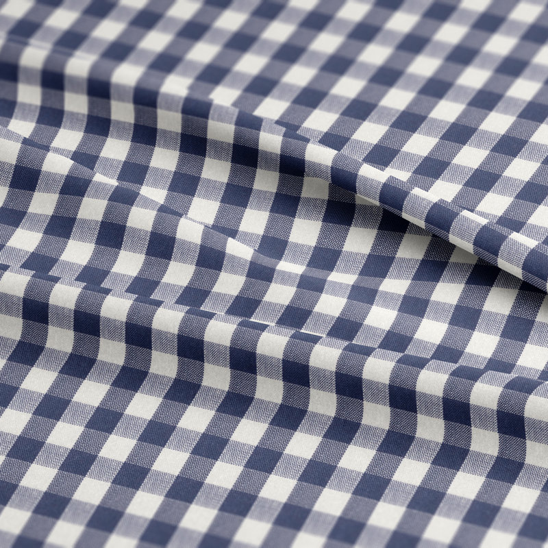 Walker Check Indigo/Ivory Cotton Grommet Top Drapery Panel Set of 2, 50" W x 228" L