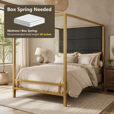 Modern Gold 4-Poster Canopy Bed Frame with Tall Linen Upholstered Headboard, Sturdy Metal Frame, Box Spring Required, King Size, Dark Grey