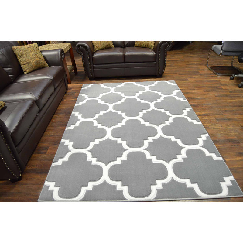 Gris à motif géométrique/Tapis décoratif blanc, Rectangle 2 pi 7 po x 4 pi