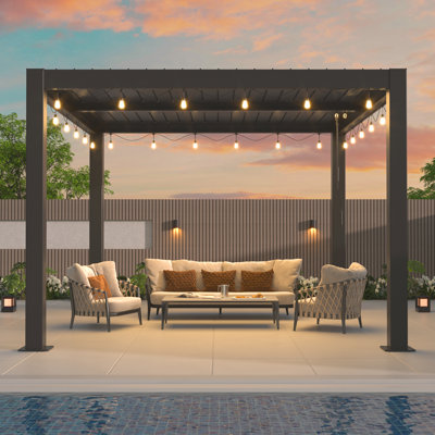 10'×10' Outdoor Louvred Pergola With Clear String Lights, Aluminum Outdoor Louvred Pergola Patio With Adjustable Roof For Outdoor Deck, Backyard, Garden (10x10ft With Light)