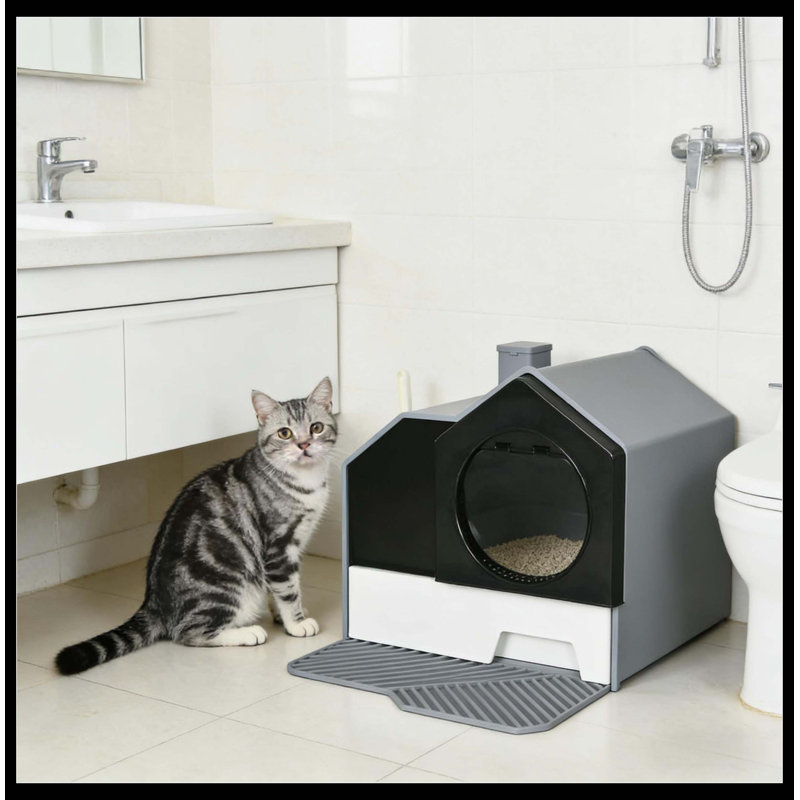 Bac à litière pour chat facile à nettoyer, Noir/gris/blanc