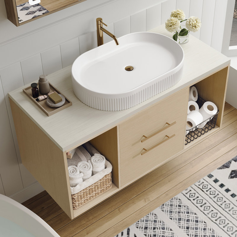 Meuble-lavabo moderne avec rangement en bois massif et lavabo ovale