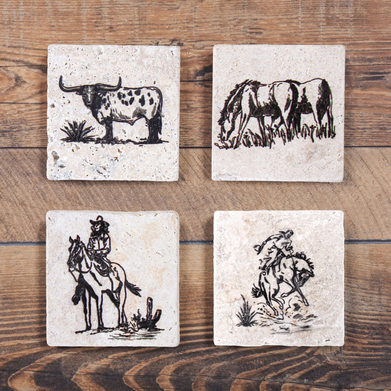 Ensemble de sous-verres style rustique de style campagnard rustique blanc et noir 4 pièces Ranch Life