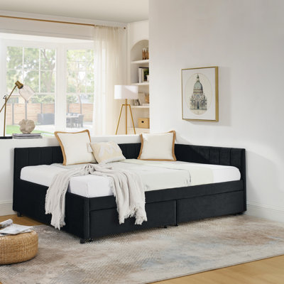 Black, Full Size, Daybed, Velvet Upholstery, Two Drawers, Comfortable , , Mid - Century Modern, Office Decor Size Bed Frame With Design And Storage Fitting Body, Suitable For Bedroom