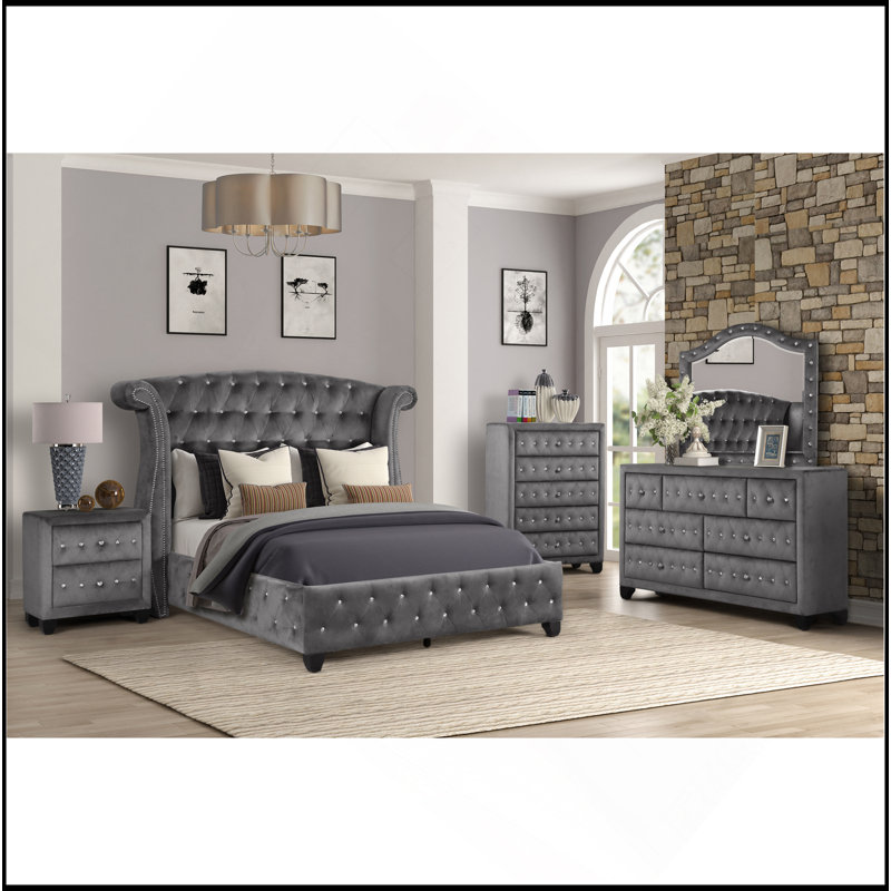 Miroir capitonné en cristal Sophia Modern Style, Gris