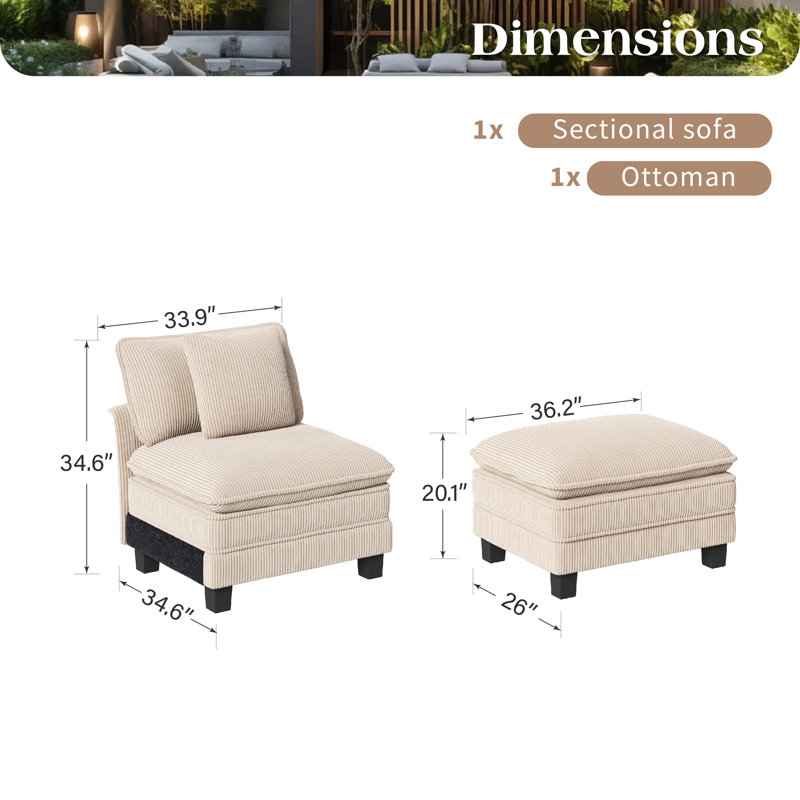 Upholstered Corduroy Armchair With Ottoman, White Corduroy