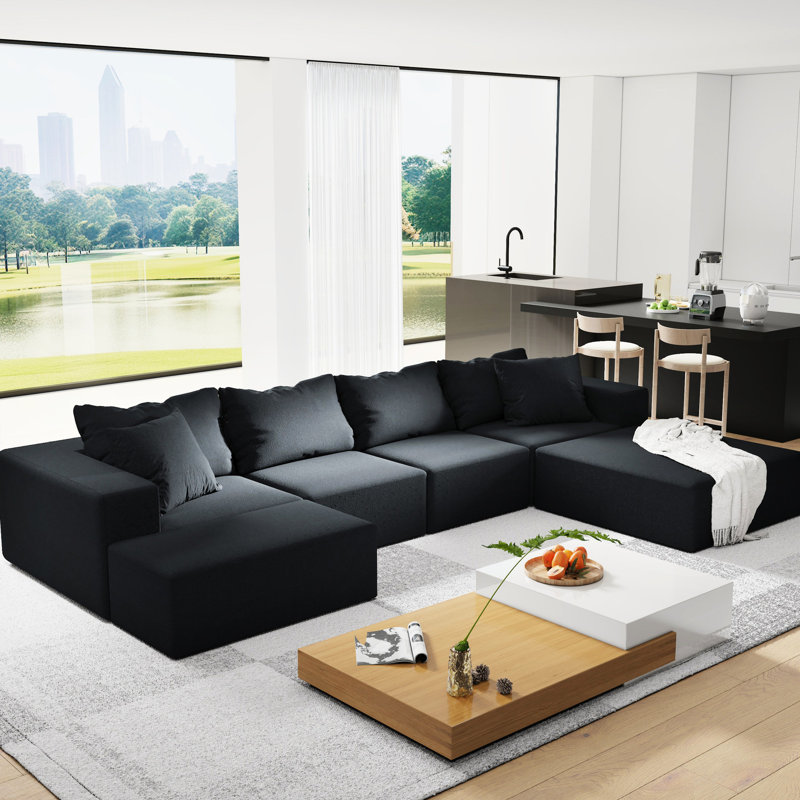 Canapé modulaire en forme de L 132 po - Revêtement en chenille, rembourrage en mousse, 6 coussins, salon moderne, chambre à coucher, chenille, design