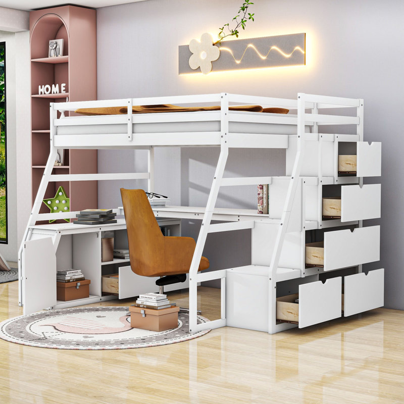7 Drawers Wood Full Loft Bed With Shelves And Desk, White