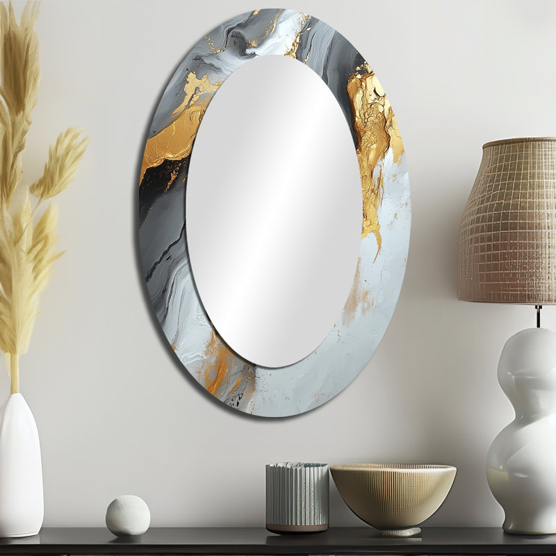 Abstract Marble In Grey And Gold Tones I - Gold Oval Wall Mirror Decor, 36" x 24"