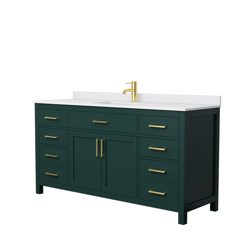 Beckett 66" Freestanding Single Bathroom Vanity with Cultured Marble Top, Brushed Gold, Green, White Cultured Marble