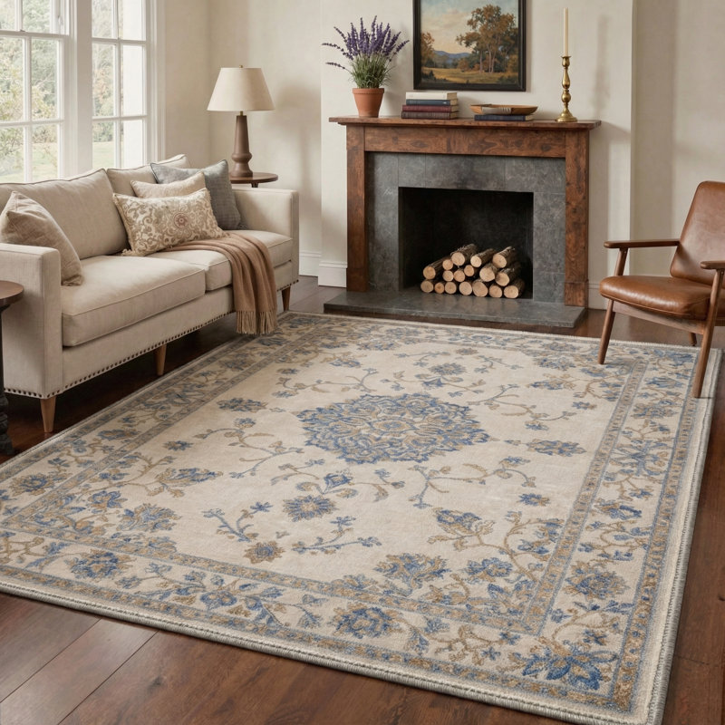 Abadou Floret Vintage Floral Medallion Machine Washable Beige / Blue Indoor Area Rug with Non-Slip Backing, Light Blue/Ivory