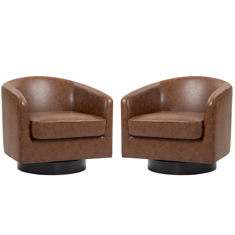 72Cm Wide Swivel Barrel Chair, Coffee Faux Leather/Black