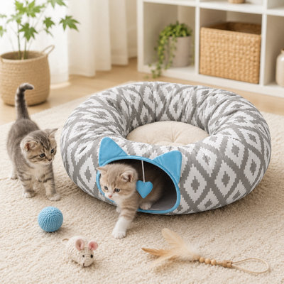Joli lit tunnel 2-en-1 oreille de chat, couchette de jeu pliable avec coussin peluche lavable et cœur suspendu en forme d'herbe à chat, deux entrées pour chatons d'intérieur et petits chats