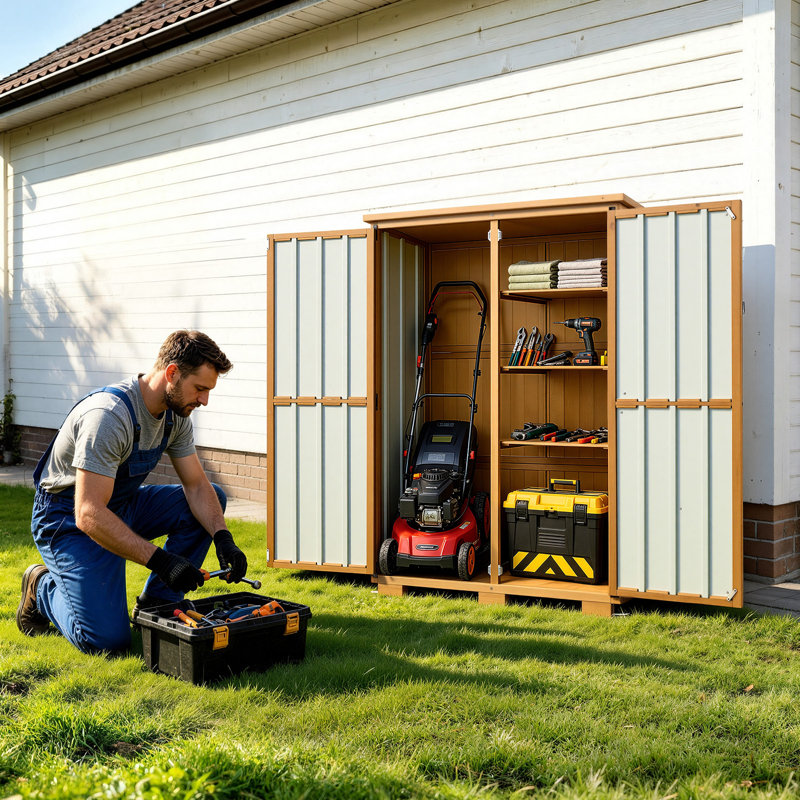 Outdoor Storage Shed, 46.06" x 62.99" Wood & Metal Garden Tool Shed with Lockable Doors & Sloped Roof, Waterproof Outside Storage Cabinet with Shelves/Floor for Backyard Patio Lawn, Black/Brown