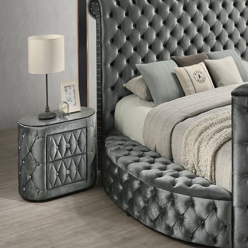 Oval Nightstand with Tempered Glass Top and Two Storage Drawers for Elegant Bedrooms, Grey