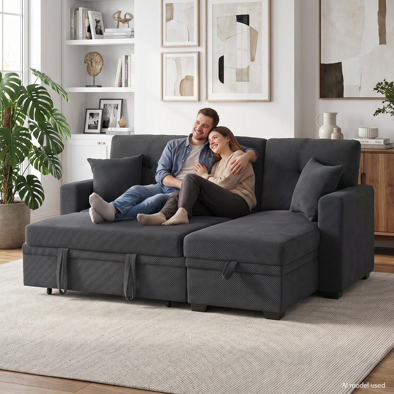 Upholstered Sectional, Dark Gray Polyester