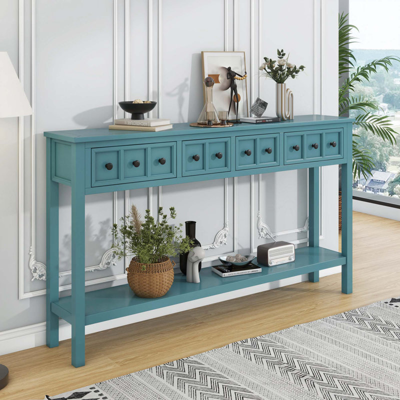 Wood Console Table with two Different Size Drawers, Bottom Shelf, Turquoise Green
